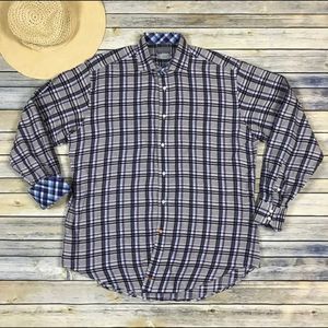 Thomas Dean Shirt Longsleeve Button‎ Down Plaid Flip Cuff Office 100% Cotton